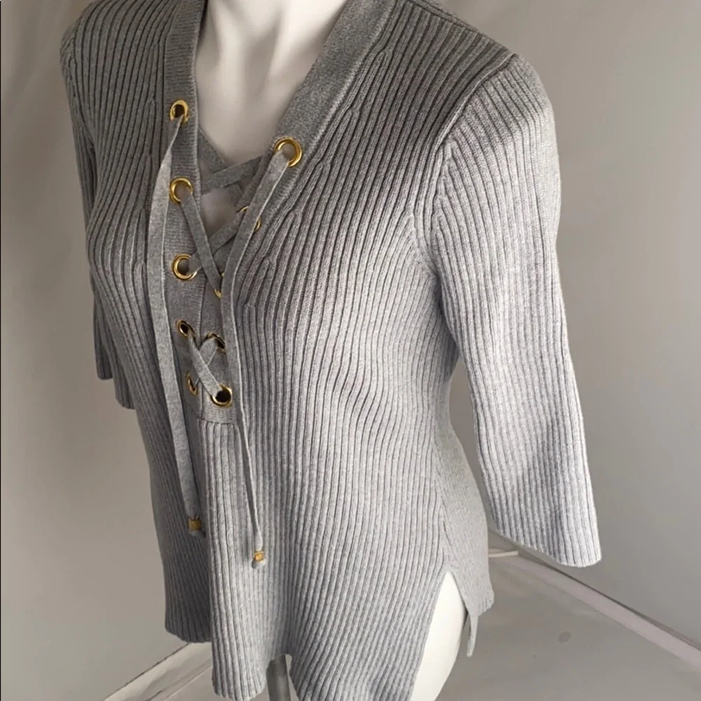 Michael Kors gray lace up ribbed three quarter sleeve sweater